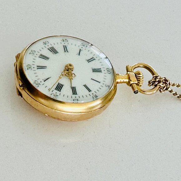 Solid Gold Pendant Pocket Watch + Gold Chain - Picture 10 of 12